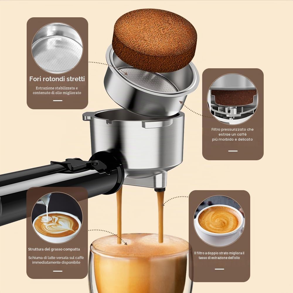 CAFELFFE MK-601 Macchina espresso 20 bar con montalatte e manometro, funzione caldo/freddo, potenza di erogazione rapida 1450 W, macchina 2 in 1, compatibile con caffè macinato e pastiglie ESE da 44