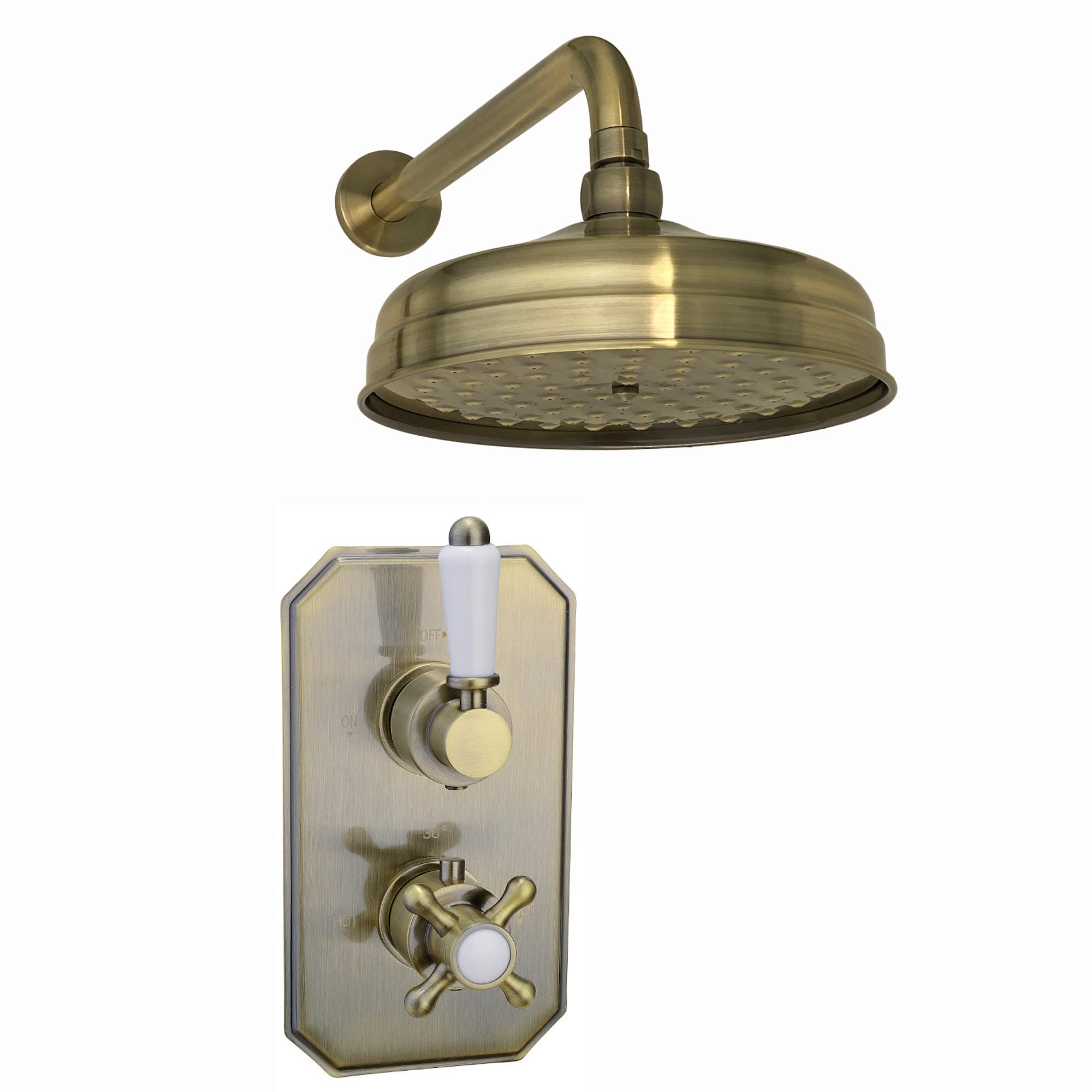 ENKI, Regent, SH0272 Traditional Crosshead and White Lever Concealed Thermostatic Shower Set Wall Fixed 8" Shower Head, Antique Brass (1 Outlet)