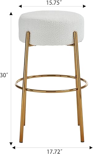 Miniatura 9 de Juego de 2 taburetes de bar redondos tapizados de tela de peluche, sillas de bar de comedor, taburetes de bar con patas de metal dorado y reposapiés
