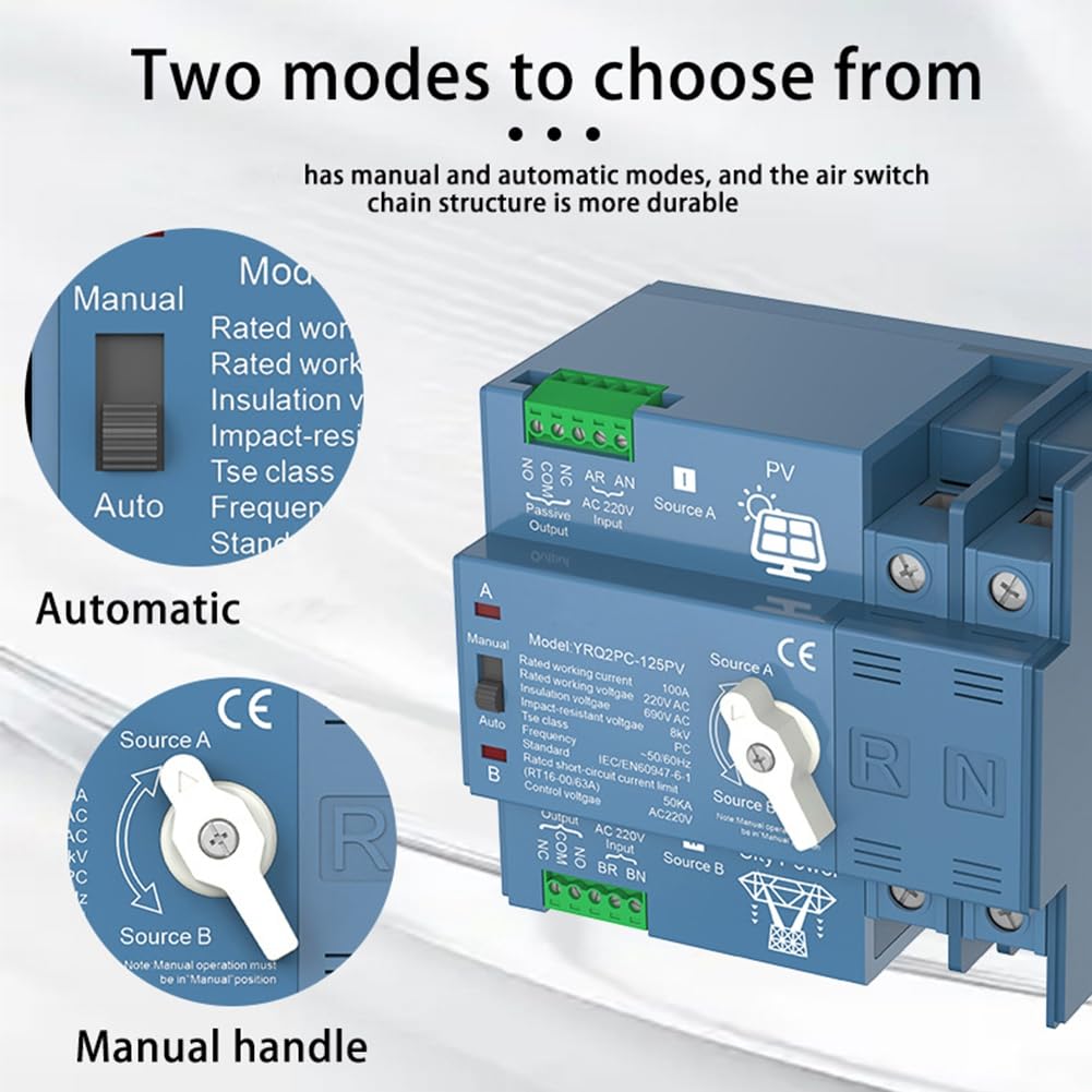 ATS Dual Power Commutatore Automatico di Trasferimento per Generatore o Energia Solare Fotovoltaica al Cambio di Potenza di Città. Inverter Solare 2P125A.