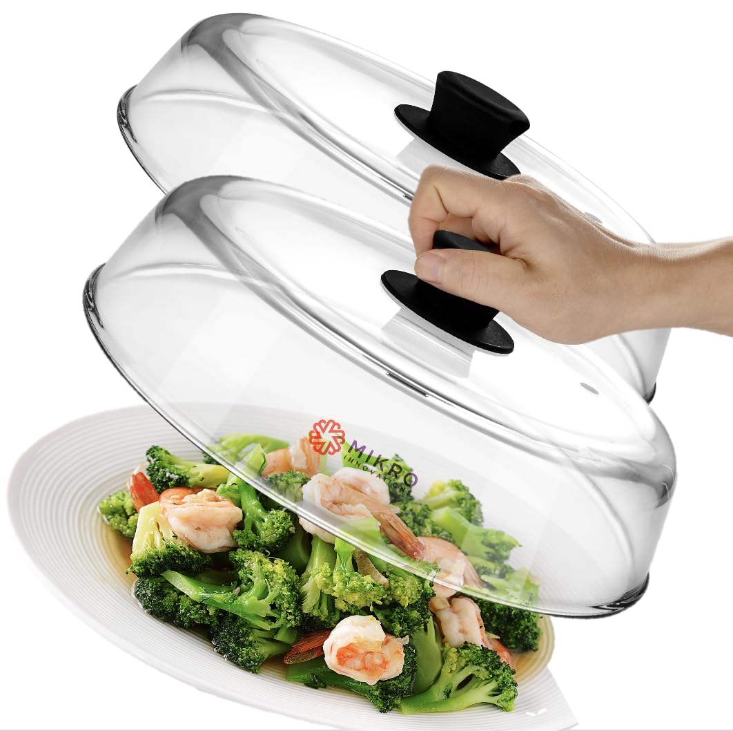 Mikro Innovations 10.5-Inch Glass Microwave Splatter Cover – Borosilicate Glass Food Plate Splatter Guard with Vent Hole, BPA-Free, Easy-Grip Silicone Knob, Dishwasher Safe (2, Black, 10.5in)