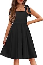Arshiner Girls Summer Dress Tie Strap Sleeveless Solid Color Square Neck Party Dresses 6-11 Y