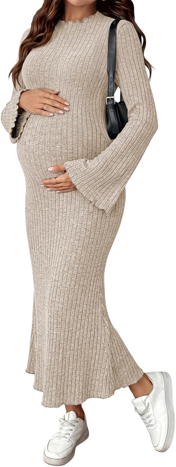 BLENCOT Ribbed Knit Maternity Dresses Fall Bell Long Sleeve Ruffle Neck Pregnancy Bodycon Sweater Dress