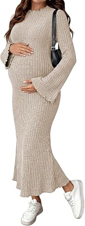 BLENCOT Ribbed Knit Maternity Dresses Fall Bell Long Sleeve Ruffle Neck Pregnancy Bodycon Sweater Dress