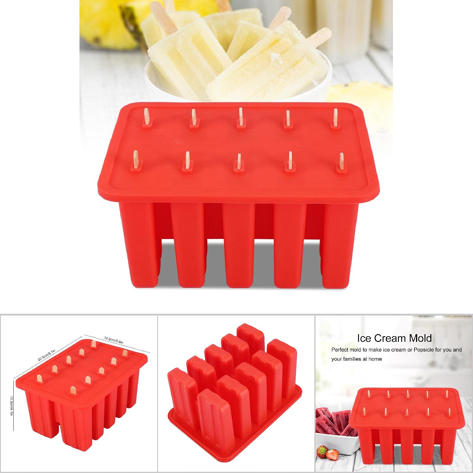 moldes para polos, Máquina for hacer paletas de helado gel sílice, 10 celdas(Red)