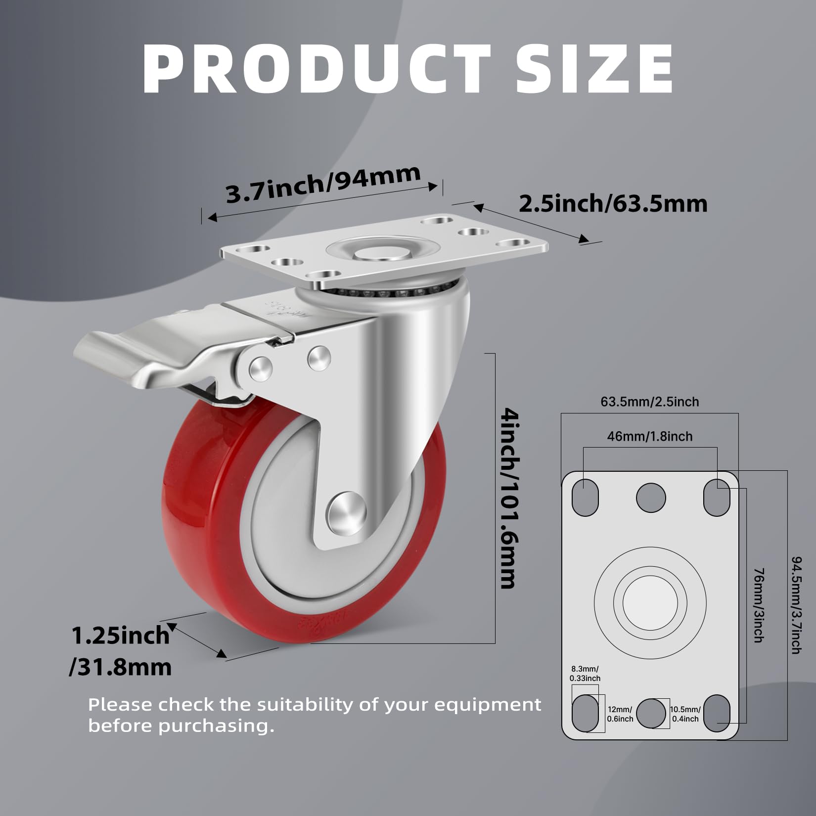 W B D WEIBIDA Ruedas Giratorias Pesadas 800KG Capacidad, 100mm Acero Inoxidable Anti-Corrosión Ruedas para Mover Muebles con Freno, Rostproof Ruedas Industriales para Fábricas, Hospitales y Hoteles
