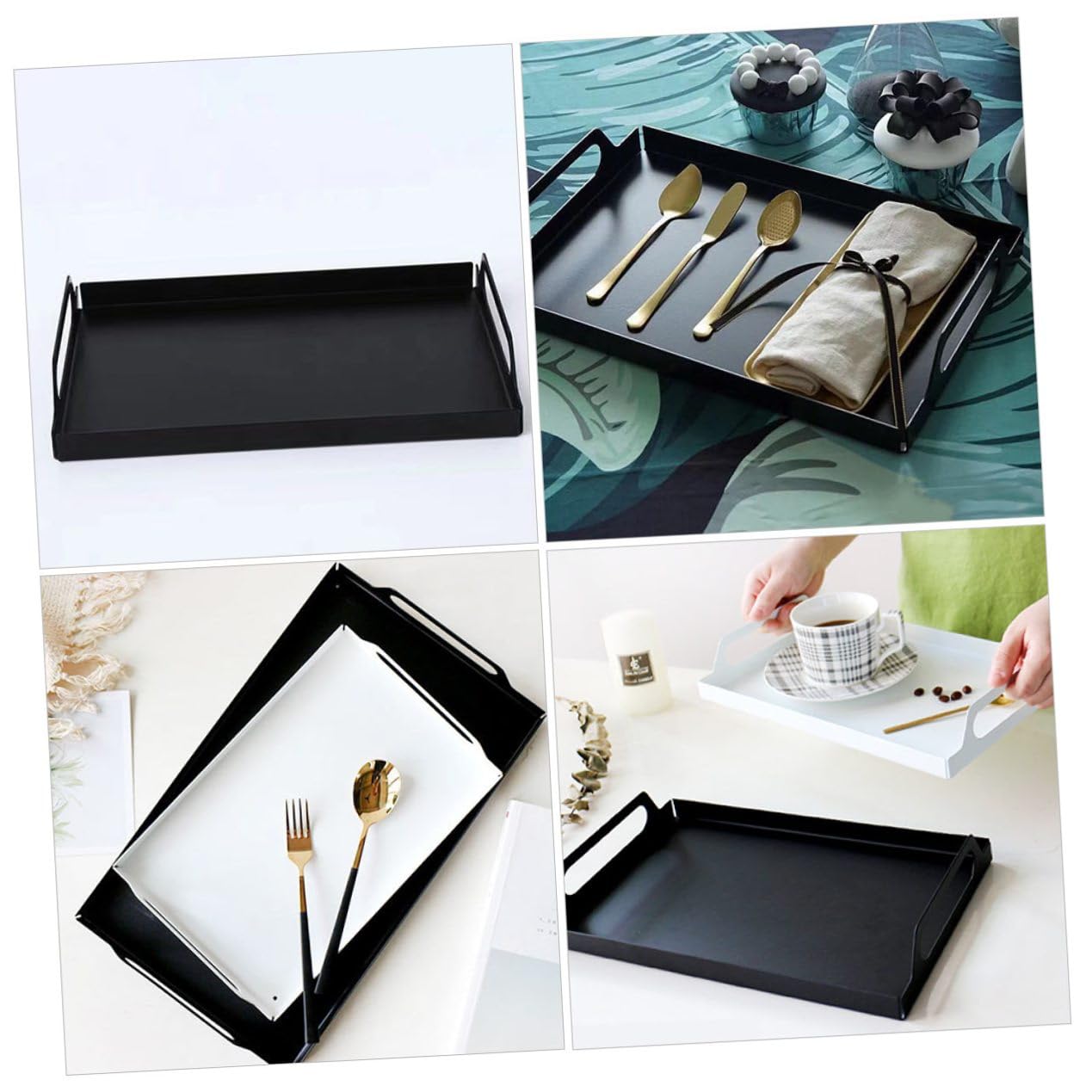 Baluue Plateau Rectangulaire Fer Noir Plateau de Service Multifonction Antidérapant pour Fruits Desserts et Snacks Empilable et Gain de Place pour Buffet et Cuisine