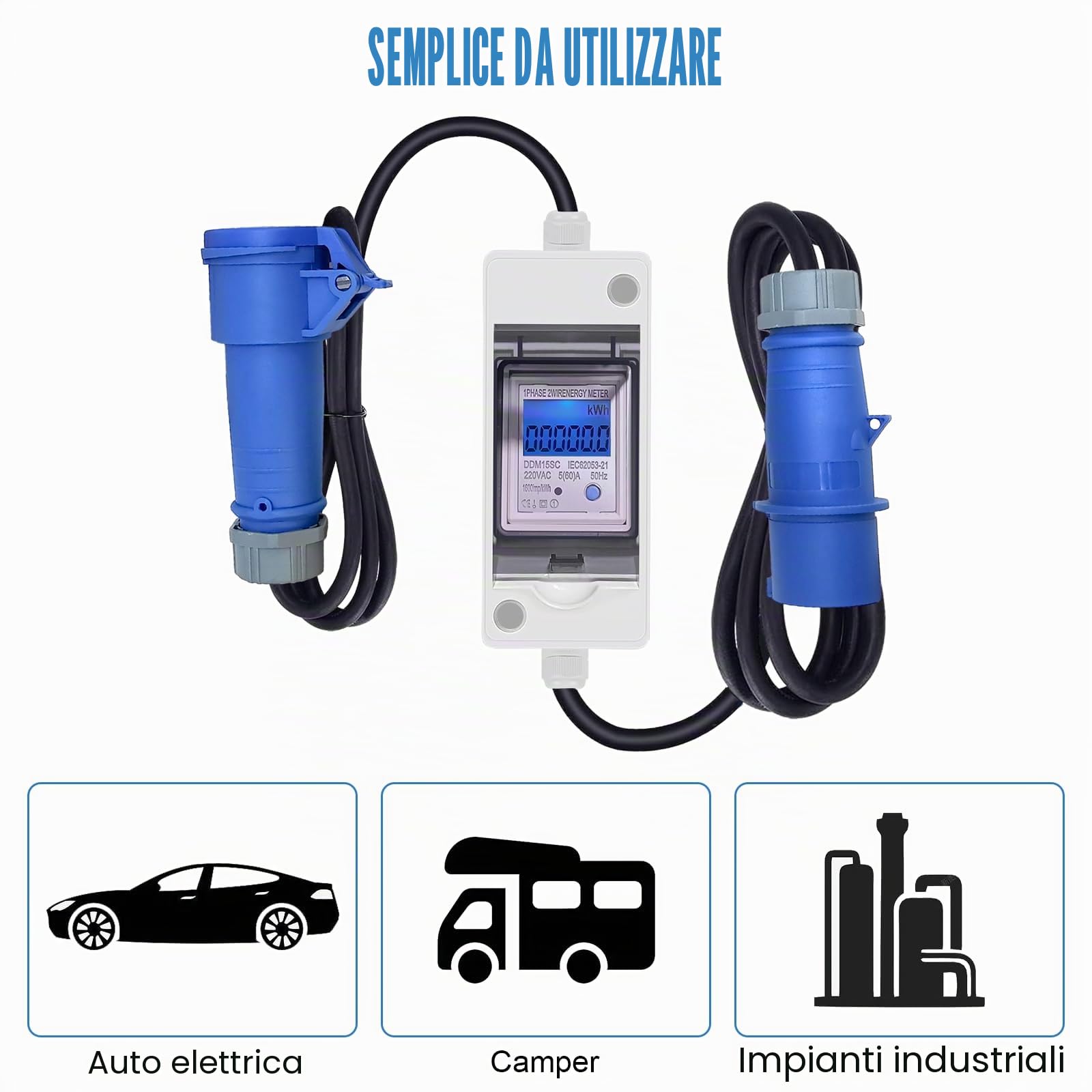 Contatore Elettrico Digitale Mobile, Contatore di Consumo Energetico 230V | con LED/Reset, Contatore Elettrico Portatile Mobile con Spina Industriale/Cavo in Gomma, Impermeabile per Camper