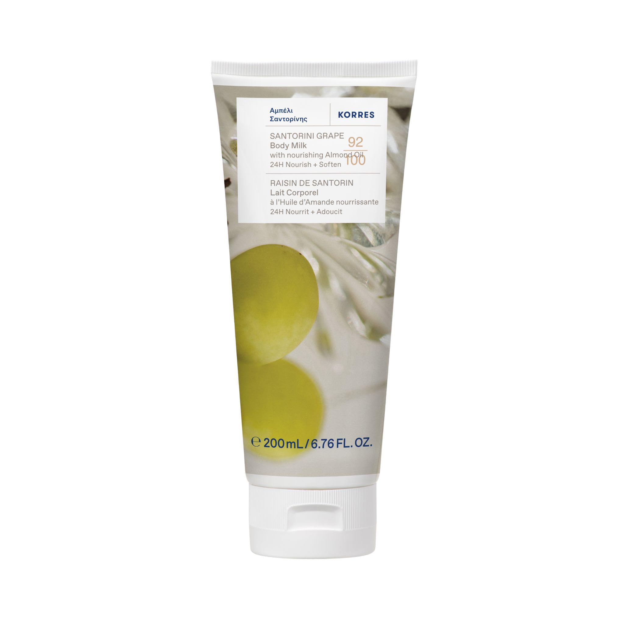 KORRES SANTORINI GRAPE Bodymilk mit pflegendem Mandelöl, mit leckeren Duft von fruchtigen Trauben, für 24h Pflege+Geschmeidigkeit, vegan, silikon- und parabenfrei, 200 ml