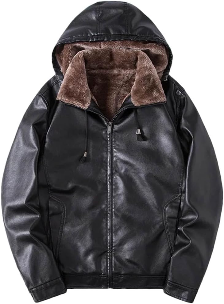 Mens Hooded Winter Leather Jacket Men's PU Faux Brown Classic Vintage Plus fleece Thick Warm Coat Hooded Coat