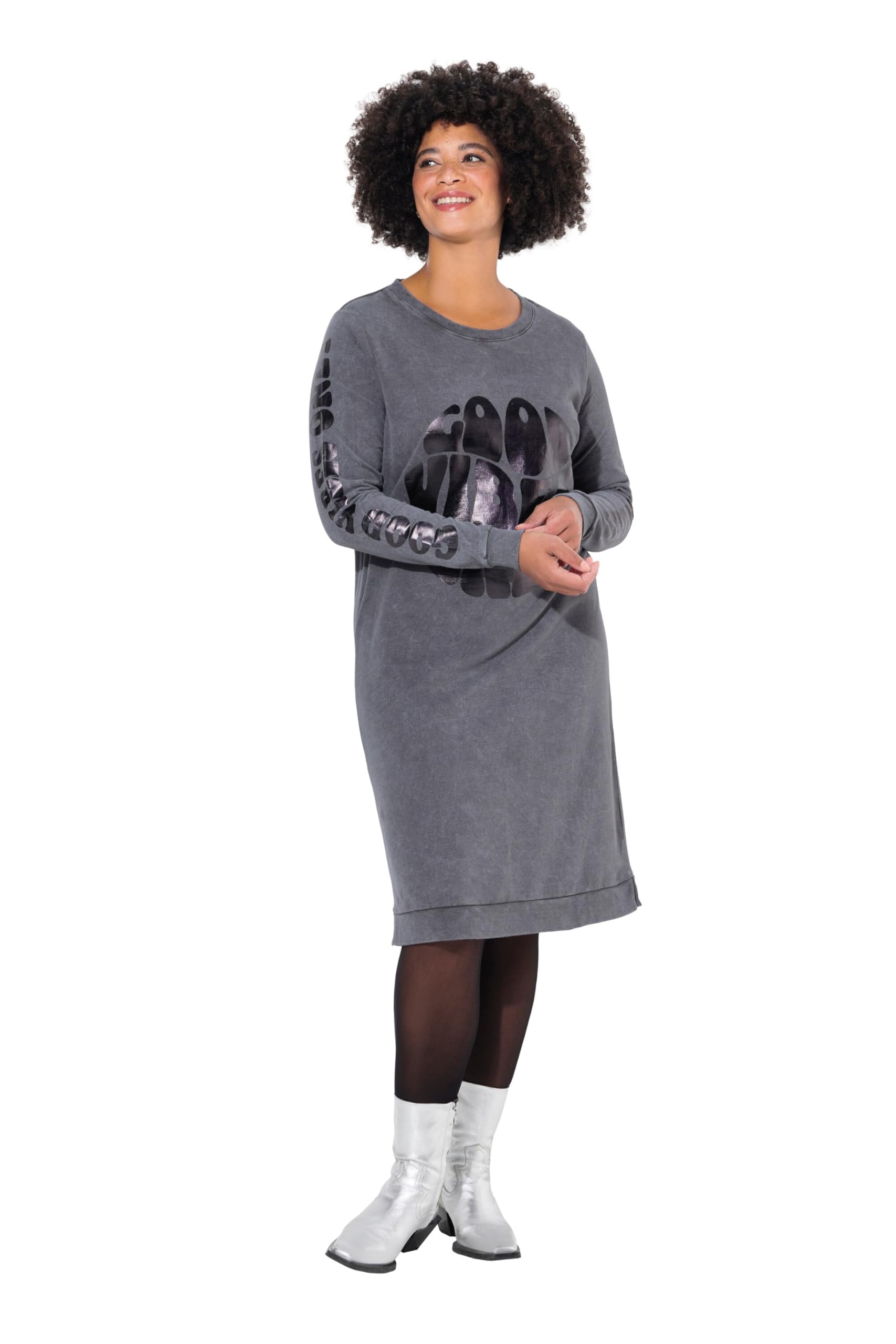Angel of Style Damen große Größen Übergrößen Plus Size Sweatkleid, Acid Washed, Metallic-Print 836415