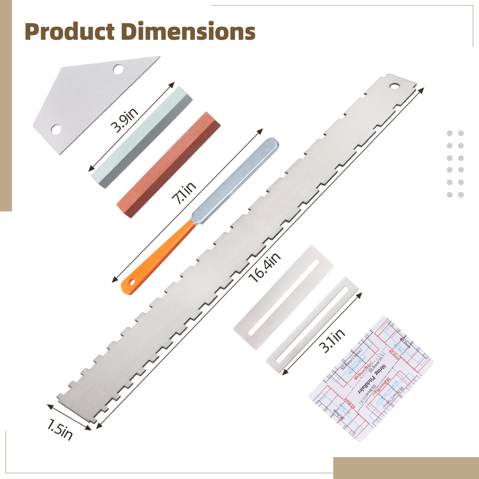 8 PCS Guitar Neck Straight Edge Kit, Gitarrenhals gekerbt gerade Kante Luthier Tool, Fret Rocker, Fret File, Griffbrett Guards, String Action Ruler, Grindstones, Wartung Kit für E-Gitarre Bass