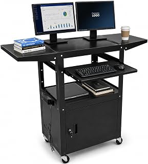 AV Cart with Locking Cabinet, Height Adjustable Computer Cart – Heavy Duty 300 lbs Capacity, Mobile Utility Cart for Presentation & Office, Black (43”L x 18”W x 43”H)