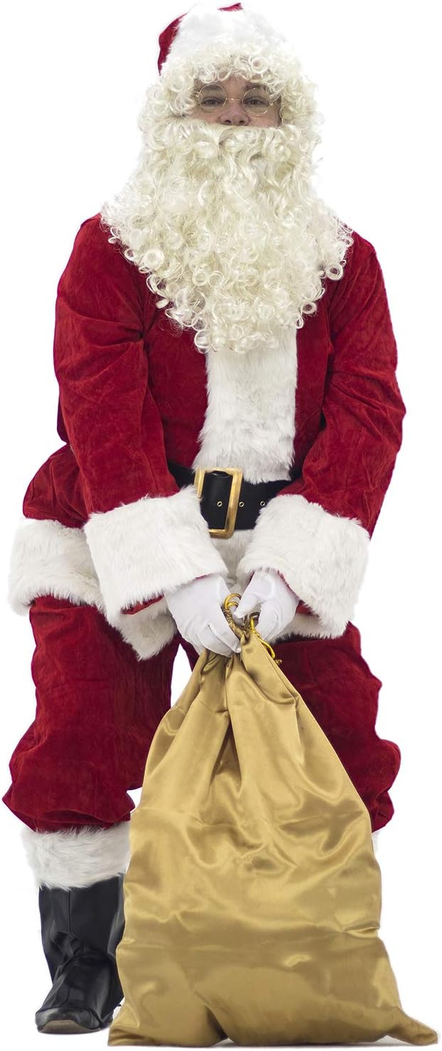 HigenSanta Claus Costume for Men, 10pcs Deluxe Christmas Santa Claus Suit for Adult, Professional Xmas Red Plus Size Outfit