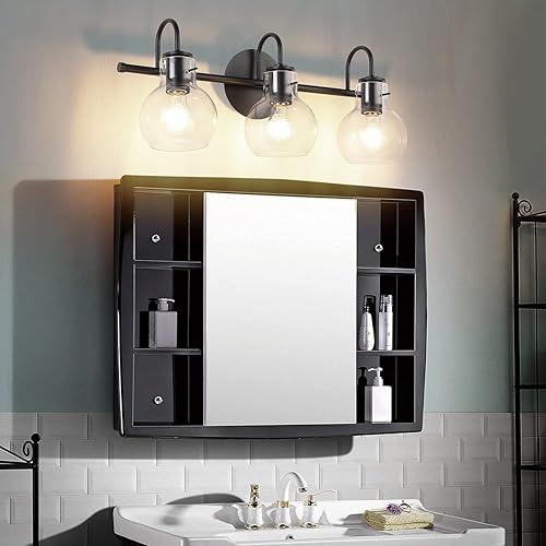 Miniatura 8 de SOLFART Lámpara de tocador de baño, apliques de pared sobre espejo, base negra mate, pantalla de vidrio moderna, globo de 3 luces