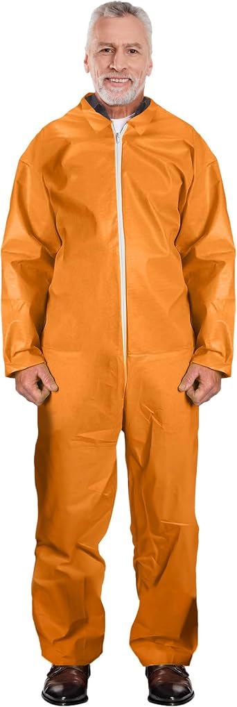 EZGOODZ Disposable Coveralls, Orange, PE Coated Polypropylene 40 GSM, Zipper Front, Open Wrists Ankles, Unisex Work Coveralls