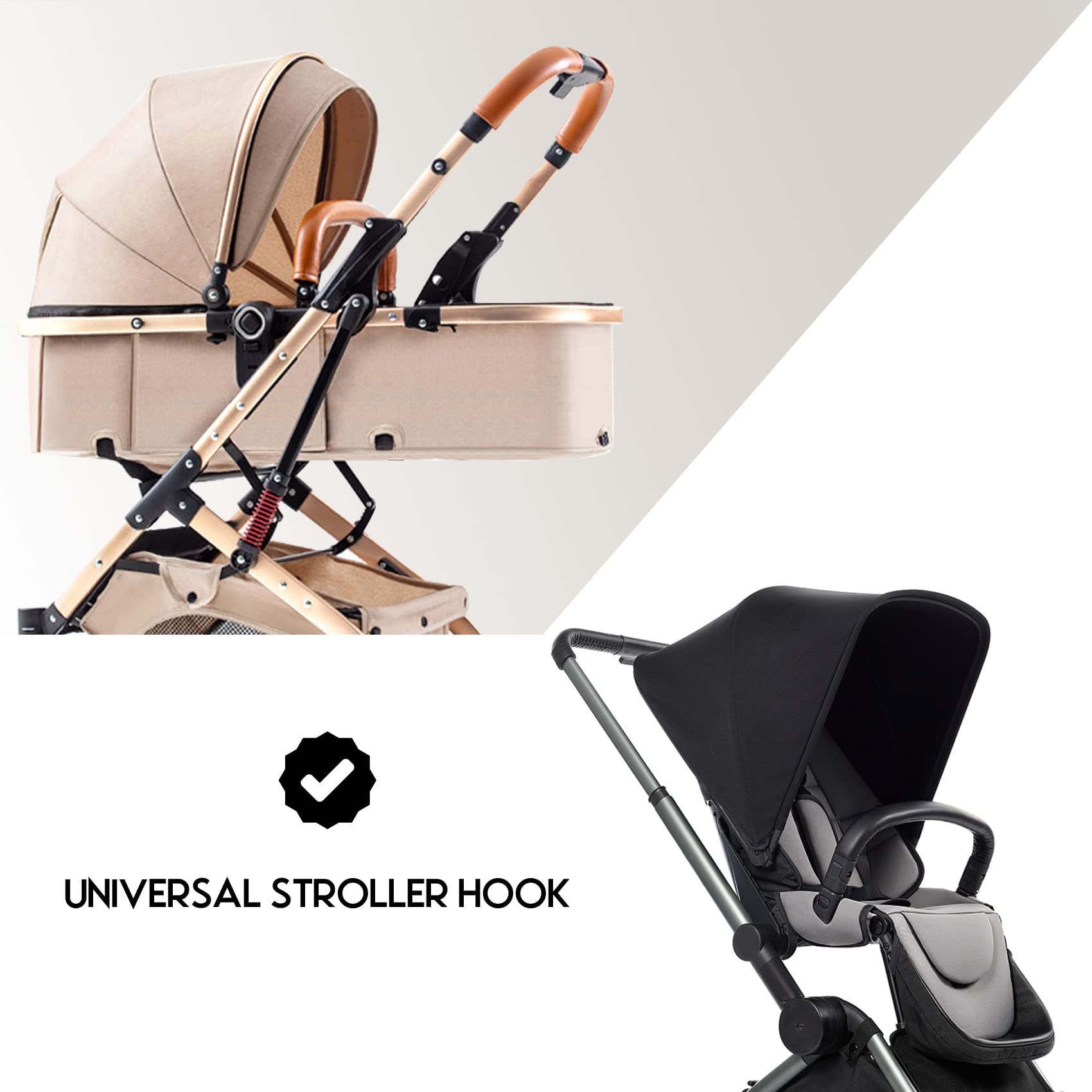 2 Clip Porta Borse Per Passeggino, Ganci Universali In Metallo Con Velcro, Rotazione 360°, Nero