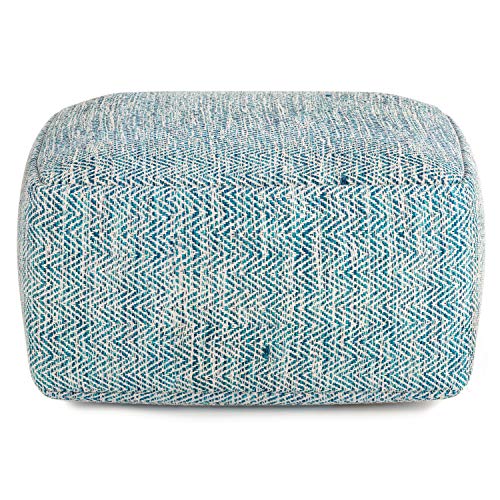 Simplihome Nate Square Pouf, Footstool, Upholstered In Patterned Teal Melange Hand Woven Cotton, For The Living Room, Bedroom And Kids Room, , Boho #TOP2