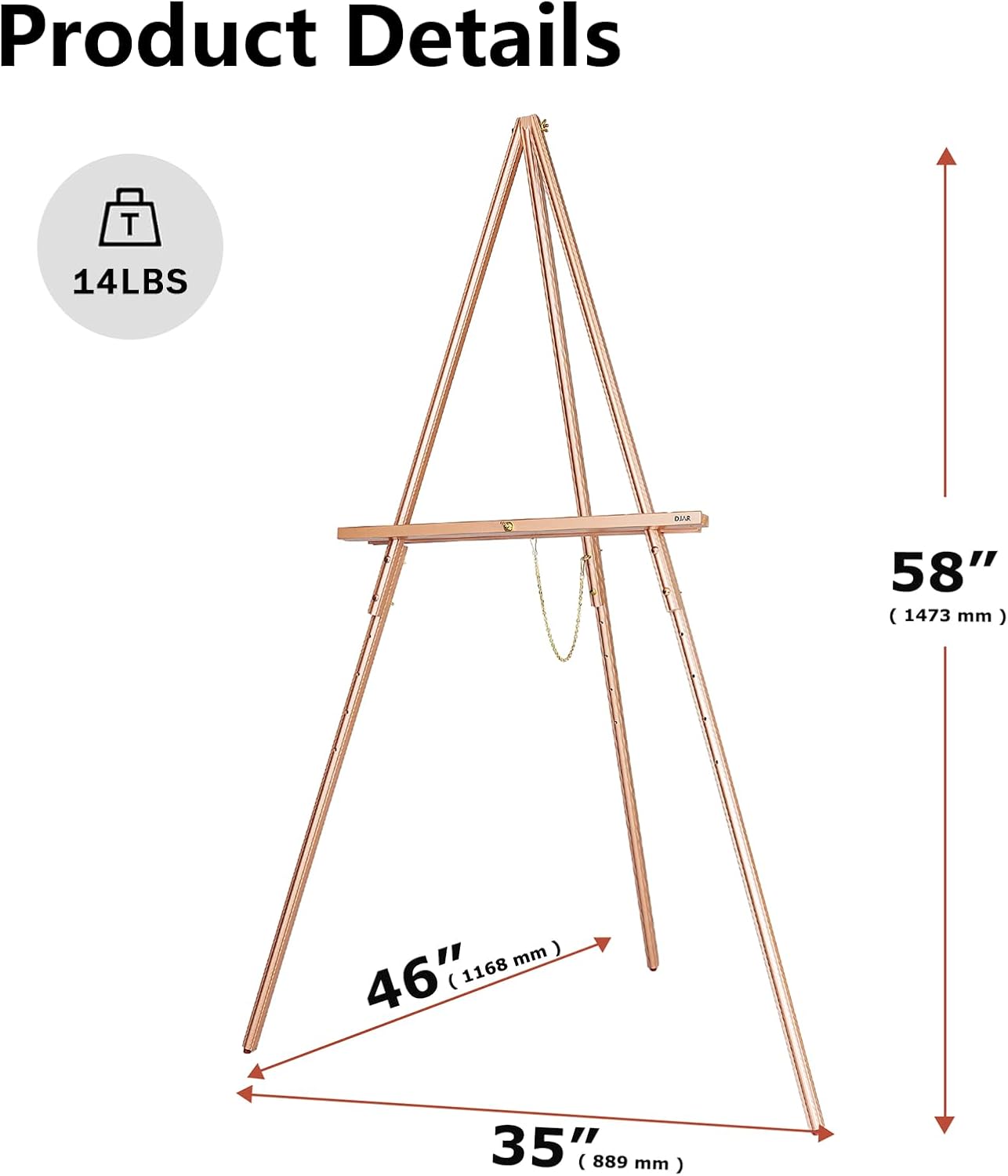 djar 63" wooden easel stand for sign, dual-use adjustable height, wood floor display easel for wedding, welcome board, poster, picture, photo- rose gold rose gold 1pc