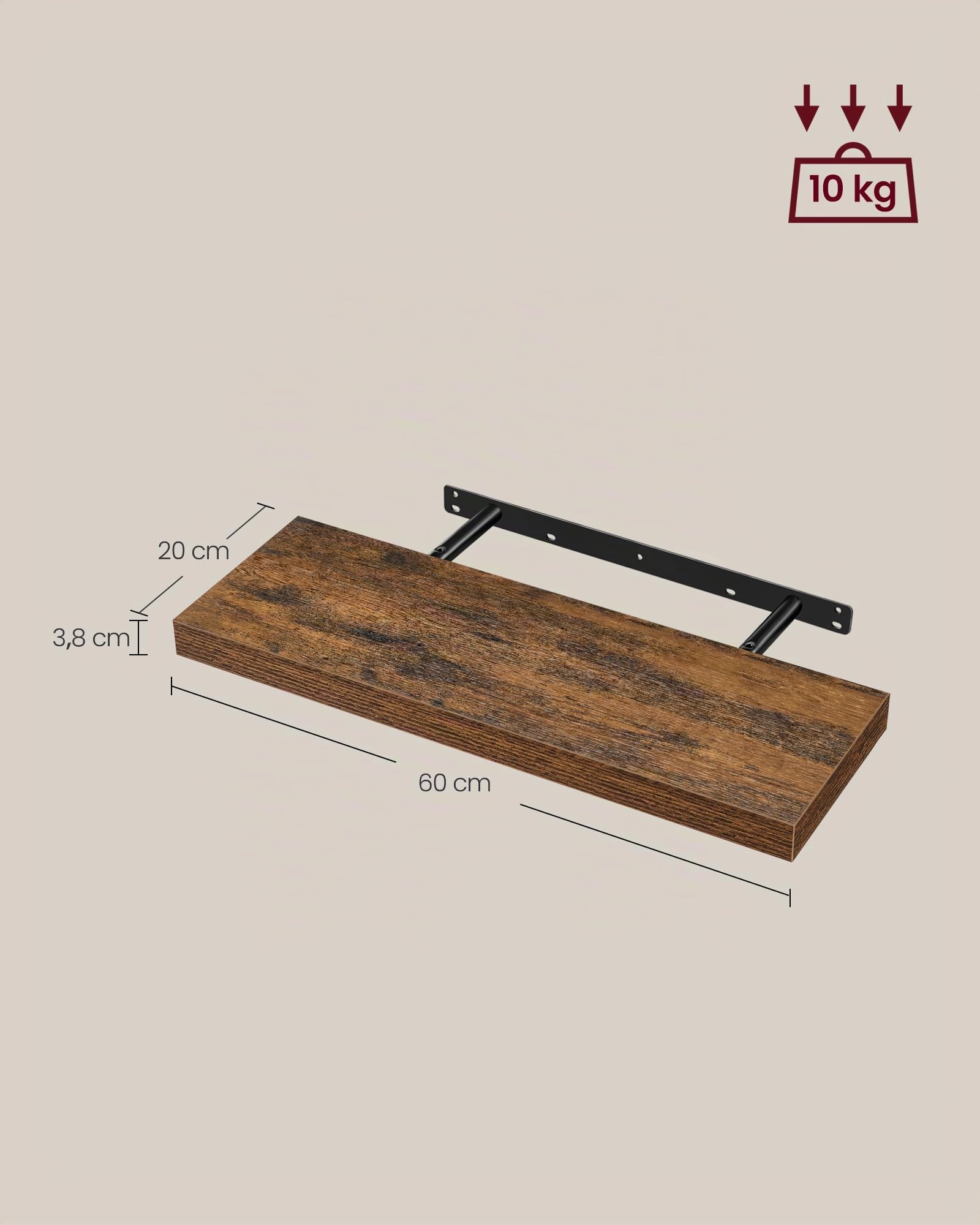 VASAGLE Estante de Pared, Juego de 4, Estante Flotante, 20 x 60 x 3,8 cm, Balda de Pared para Marcos de Fotos, Decoración, para Salón, Estudio, Cocina, Marrón Rústico LWS075B01