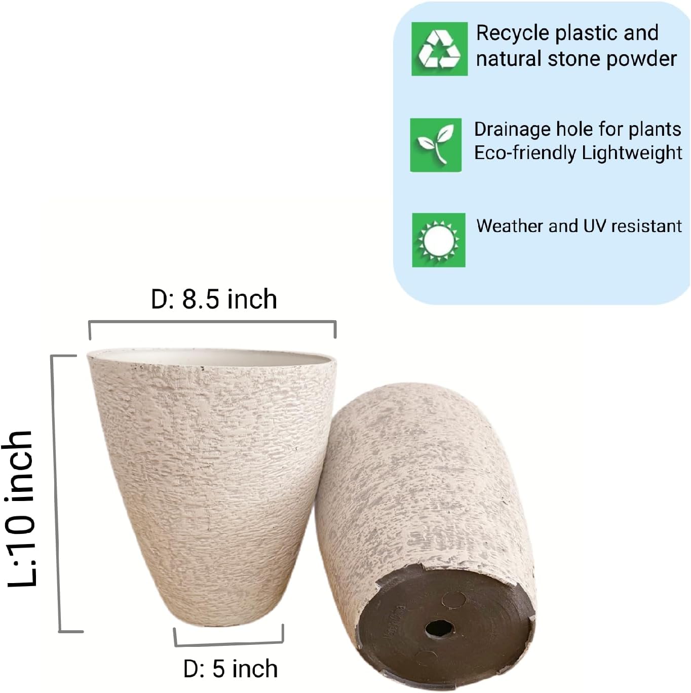 10 inch Garden Planter Lightweight Indoor Outdoor Pots with Drainage Hole for Potted Plants Flowers Greenery, Set of 2 (Beige Grain Texture)