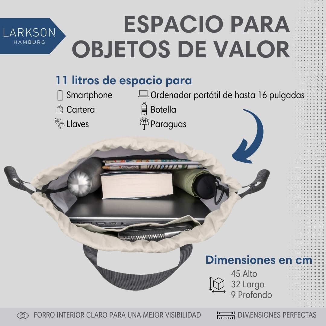 LARKSON Bolso de Deporte para Hombre y Mujer Beis Gris - No 7 - Bolsa para niños con Cordón - Mochila pequeña de tela para el Gimnasio - Material reciclado — view 5