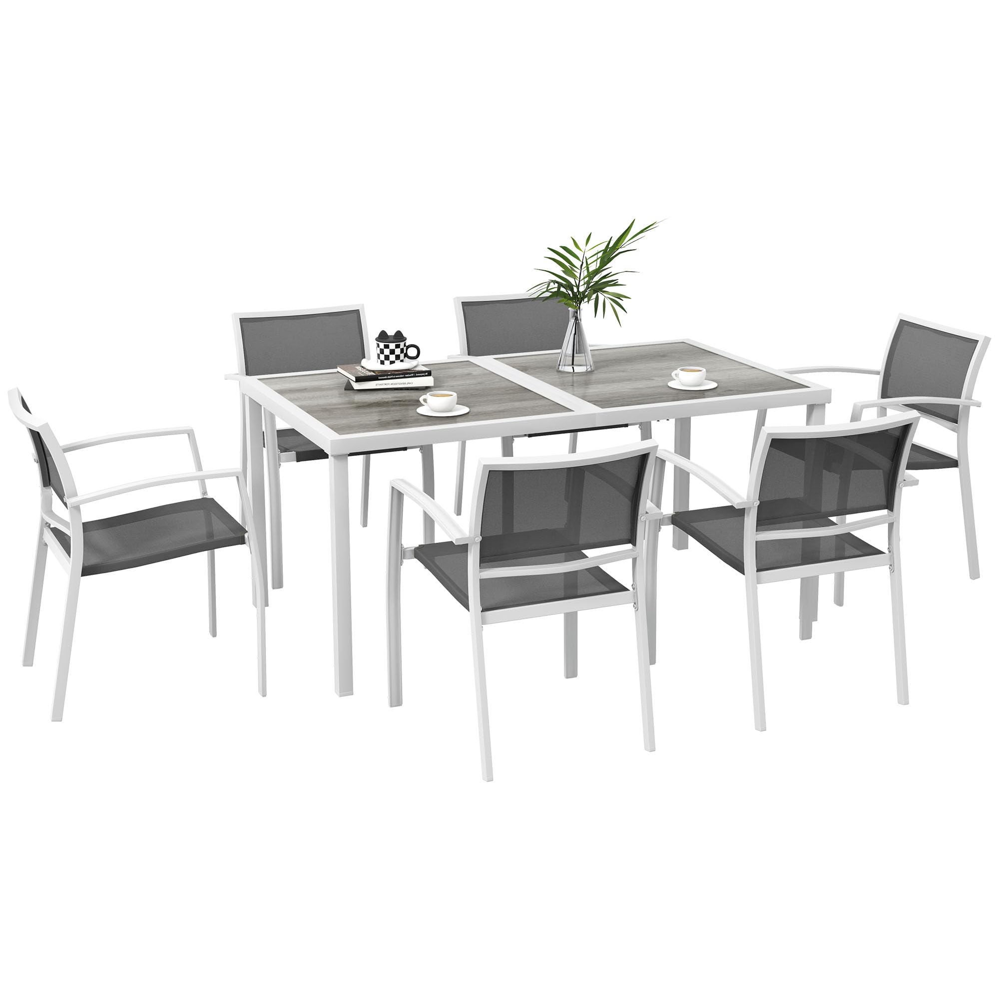 Outsunny Conjunto de Comedor de Exterior Mueble de Comedor de Jardín de 7 Piezas con 1 Mesa Rectangular y 6 Sillas Apilables Estilo Moderno para Terraza Patio Blanco y Gris