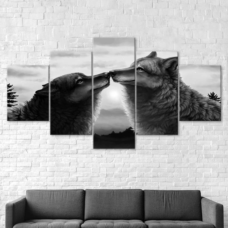 5 piezas de lienzo de arte de pared,5 piezas lienzo Pareja de lobos,escena encantadora,5 piezas cuadro lienzo,Cuadros Decoracion Salon 5 Piezas Cuadro Moderno XXL,5 Piezas Cuadro sobre Lienzo 150x80cm