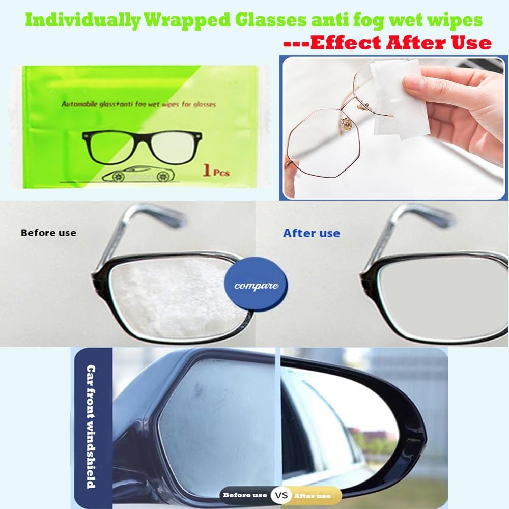 50Pack Individually Wrapped Glasses Anti Fog Wet Wipes; Portable Automotive Glass Anti Fog Wipes; Pre-Moistened Cleaning Wipes for Cleans Eyeglasses, Car Glass, Lens,Cameras, Cell Phone and More