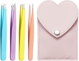 4 Pcs Tweezers Set, Eyebrow Tweezers Set with Angled Tweezers Pointed Tweezers and Heart Leather Case for Precision Facial Hair Splinter Eyebrow Hair Blackhead & Ingrown Hair Removal (Pink)
