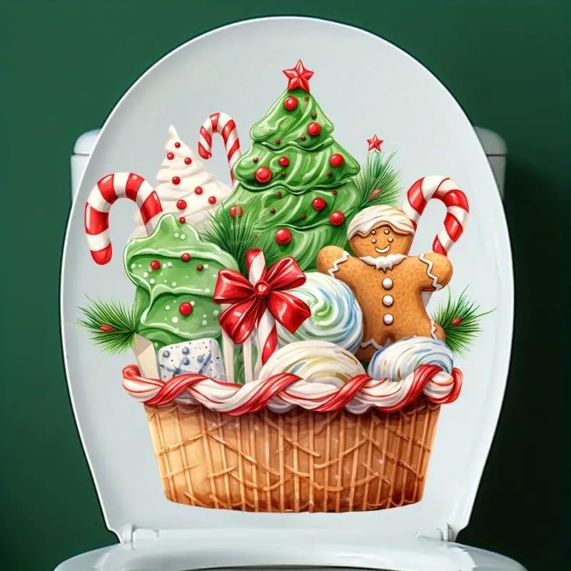 Christmas Gingerbread for Man Toilet Cover Sticker Decals,Fish Bird Flower Leaf Waterproof Toilet Lid Tank Seat Decals Cistern Self-Adhesive Bathroom Wall Sticker