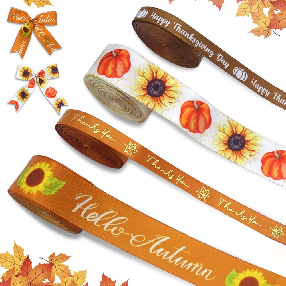Autumn Harvest Fall Ribbons - 4 Rolls, 20 Yards Each, Polyester Satin, Sunflower, Orange, Brown, Thanksgiving Pumpkin Pattern, Perfect for Gift