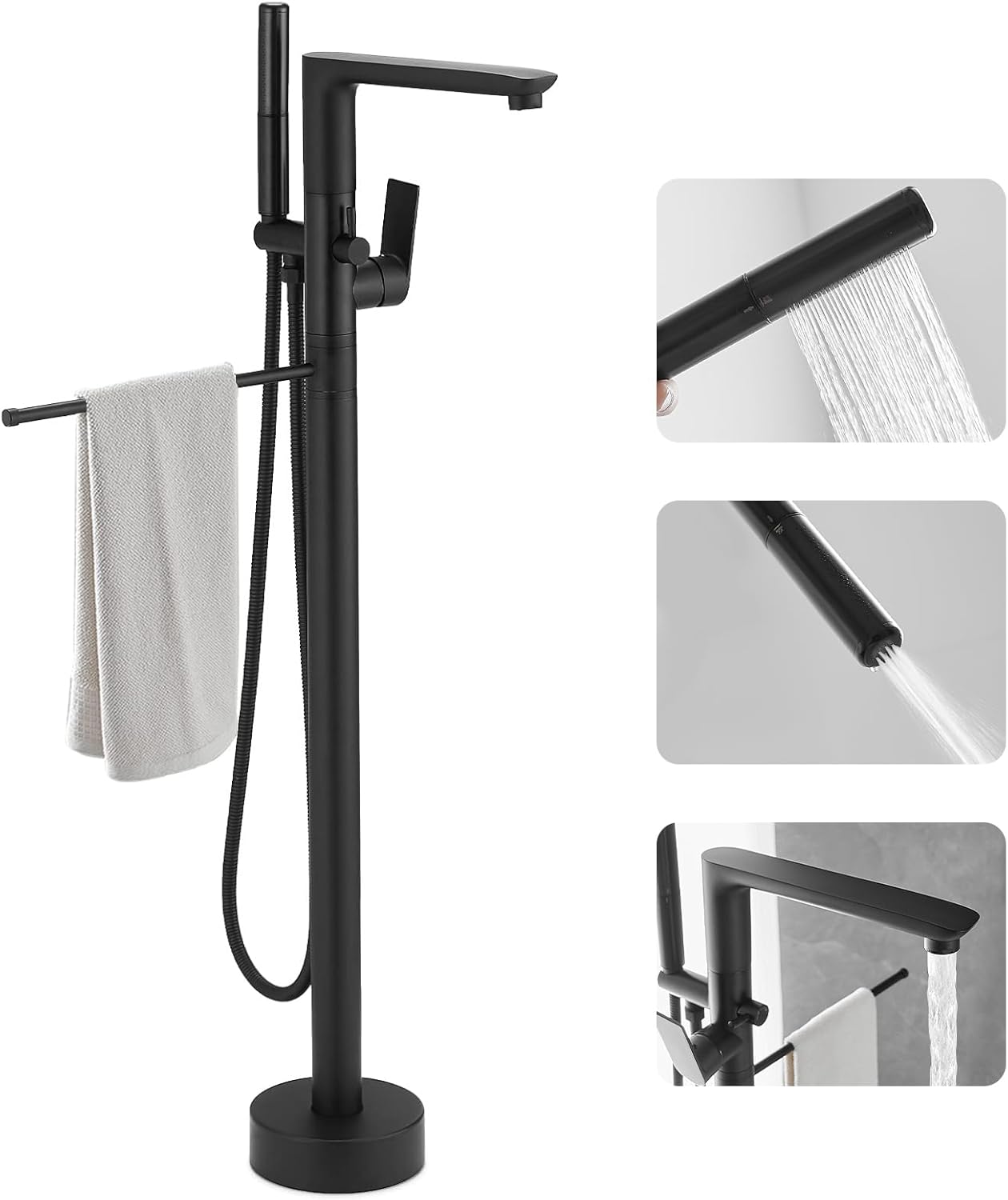 RUMOSE Tub Filler Freestanding Bathtub Faucet with 12.2 Inches Towel Bar Matte Black Floor Mount Tub Faucet Swivel Spout High Flow Bathtub Filler with Handheld Sprayer Overstock Clearance