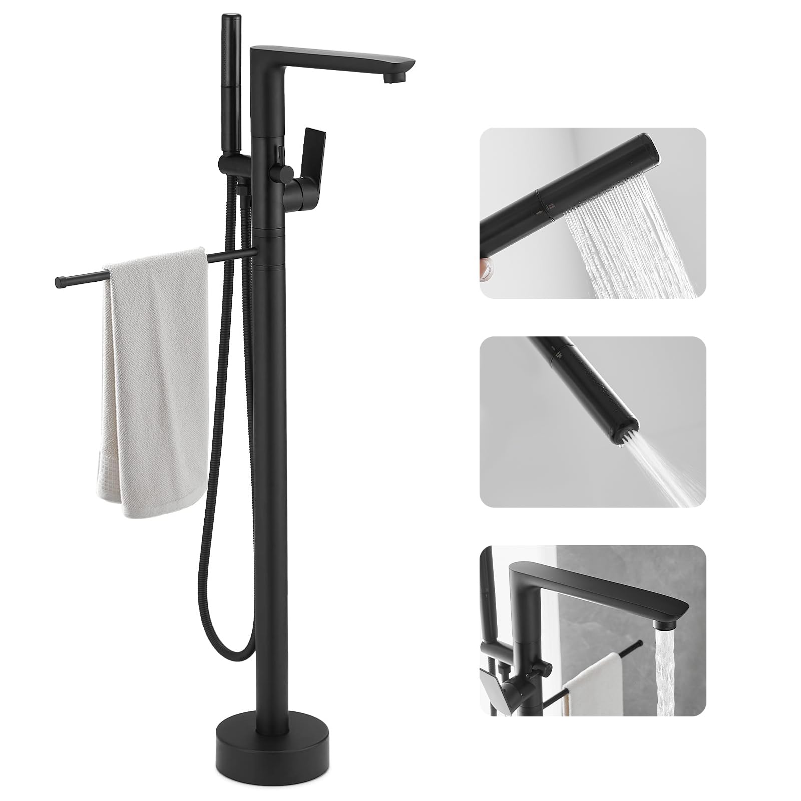 RUMOSE Tub Filler Freestanding Bathtub Faucet with 12.2 Inches Towel Bar Matte Black Floor Mount Tub Faucet Swivel Spout High Flow Bathtub Filler with Handheld Sprayer, Towel Rack
