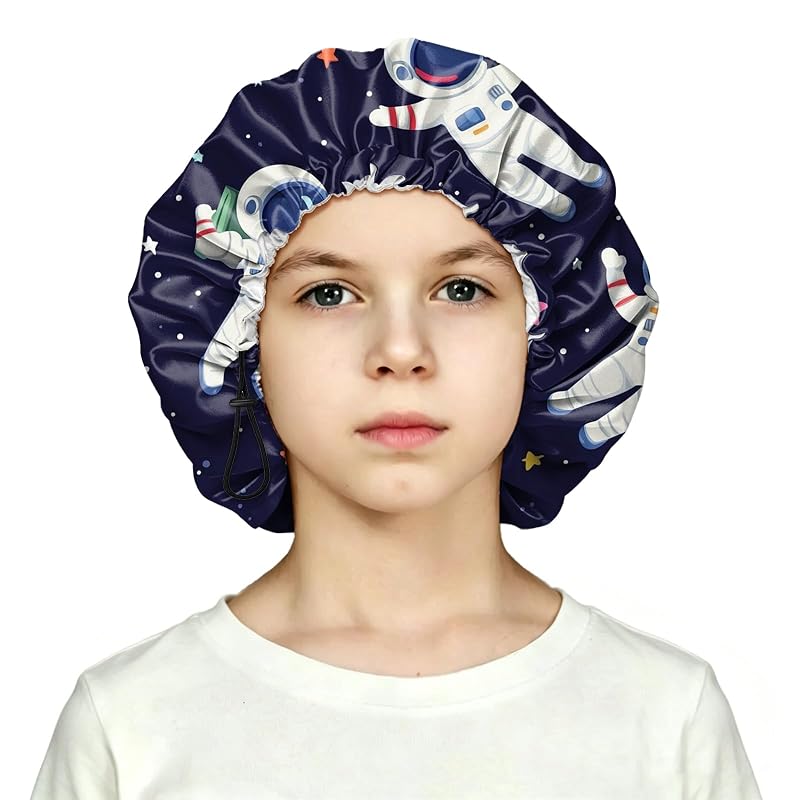 Touca de banho infantil reutilizável Deokke em PEVA, ajustável, estampa Spaceman