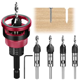 6 PCS Countersink Drill Bit Set with Adjustable Depth Stop, Red
