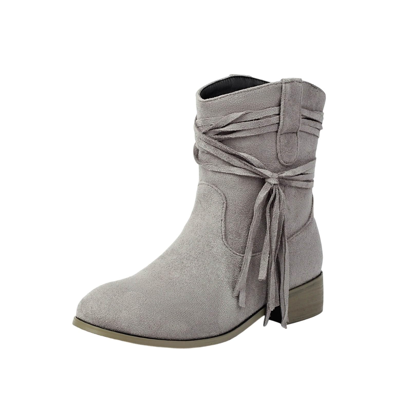 Womens Western Fringe Cowboy Low Heel Bootie Cowgirls Slouchy Slip on Ankle Boots Suede Chunky Heel Dress Boot