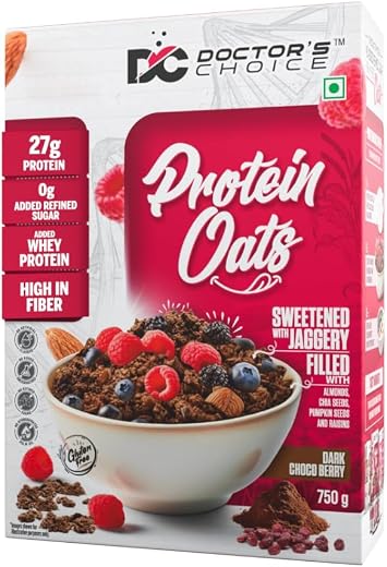 Doctors Choice High Protein Oats 750g | 27g Protein Oatmeal | Dark Choco Berry Flavor | No Added Sugar | Gluten Free | Hig...
