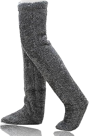 Cozy Knee High Socks, Women's Fuzzy Slipper, Grey, Wool Blend, Faux Fur Lining, Bear Theme, Winter, Slip-On, Size Big Kid or Adult