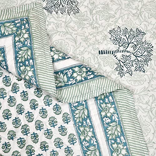Image of BLOCKS OF INDIA Cotton Single Size Quilt Hand Block Print for Light Winters (60X90 Inches) (Green Tree), Lightweight, 300 TC