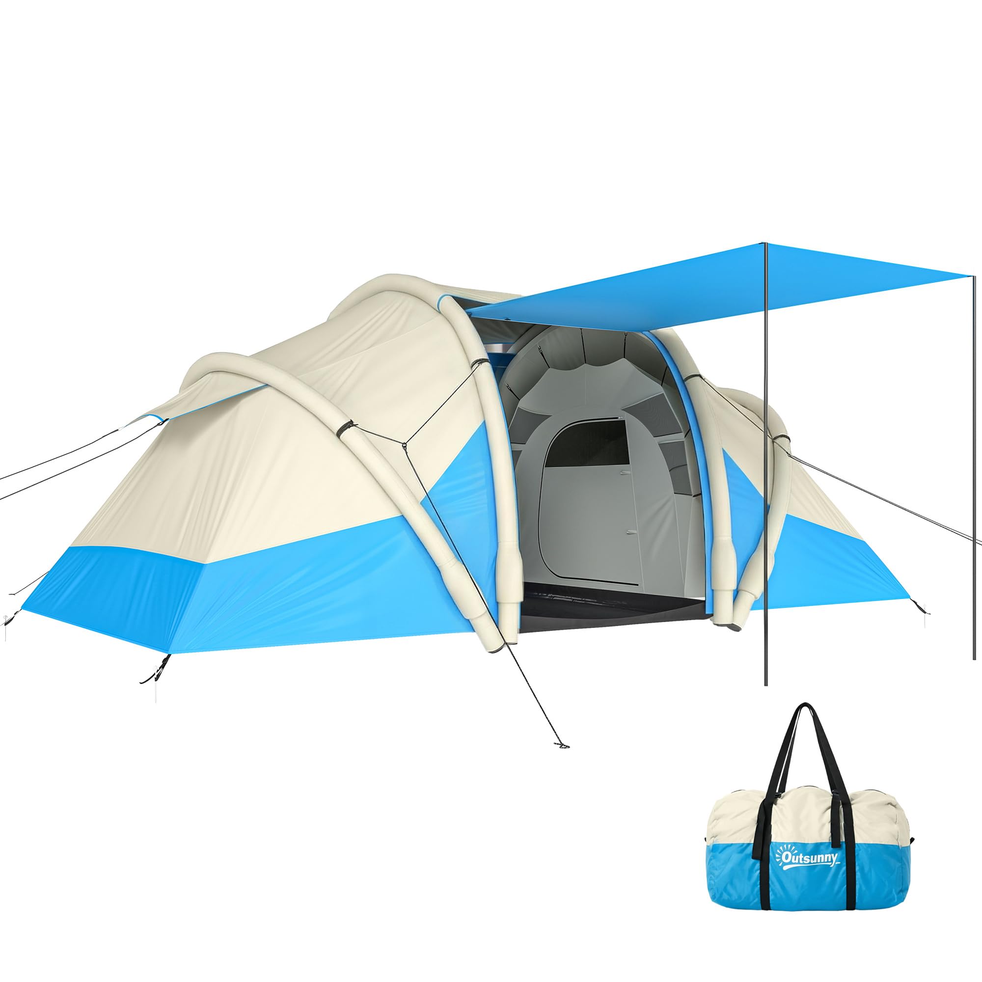 Outsunny Aufblasbares Campingzelt mit Luftpumpe, Campingzelt für 4 Personen, wasserdicht 3000 mm, mit 2 Schlafzimmern, Fenstern, Türen und Tragetasche, schnelle Montage, Blau