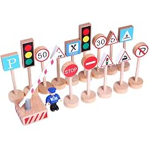 16 Pcs Wooden Traffic Signs and Signals for Kids Playing Toys Educational Toys Playset