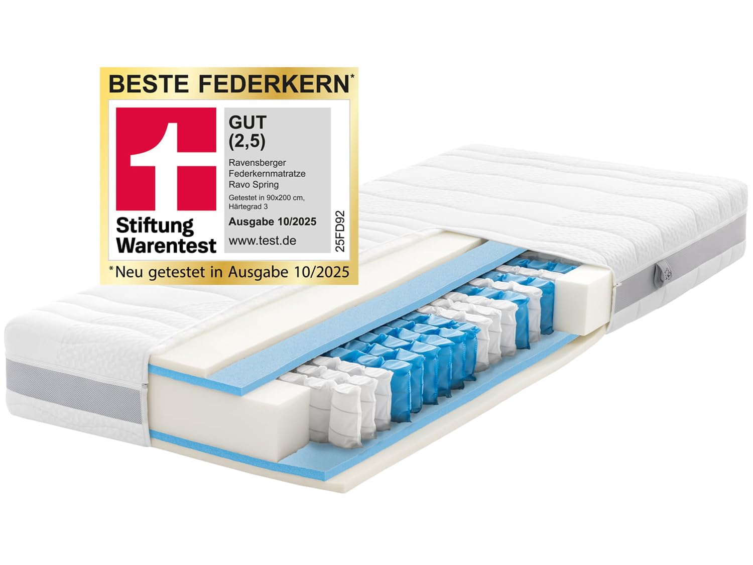 Ravensberger Matratzen Tonnentaschenfederkern-Matratze Ravo-Spring - Härtegrad H3, mittelfest - 90 x 200 cm, Höhe 22 cm - 7-Zonen - Standard 100 by Oeko-TEX Zertifiziert