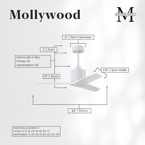 Matthews Fan Company MW-MWH-MWH-42 Mollywood Damp Rated 42 Ceiling Fan without Light, Remote & Wall Control Included, Silent DC Motor, 3 Solid Wood Blades, Matte White