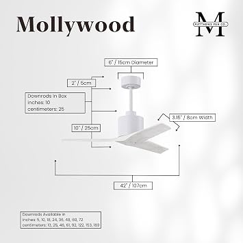 Matthews Fan Company MW-MWH-MWH-42 Mollywood Damp Rated 42 Ceiling Fan without Light, Remote & Wall Control Included, Silent DC Motor, 3 Solid Wood Blades, Matte White