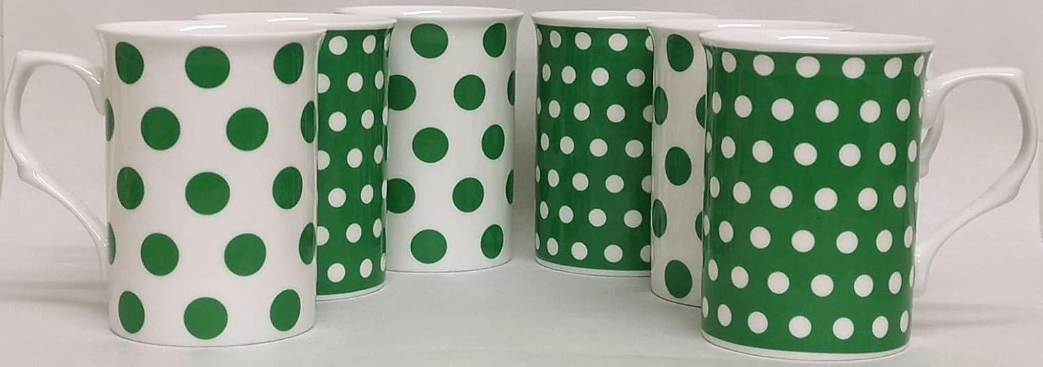 Green Dots & Spots Mugs Set of 6 Fine Bone China Mugs Hand Decorated in