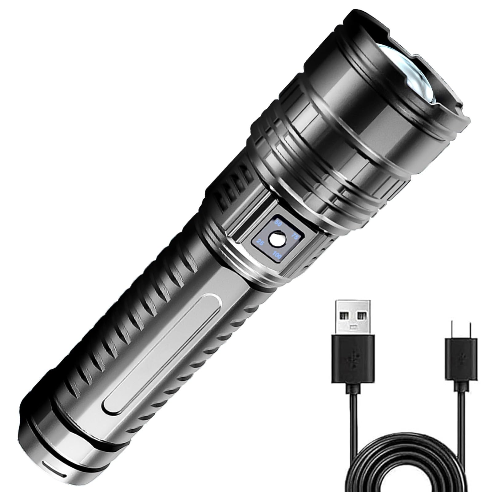 Zffozz One Color Multifunctional White Telescopic Zoom Tactical Flashlight,Rechargeable Flashlights,Waterproof Powerful Flash Light Multifunctional Flashlights
