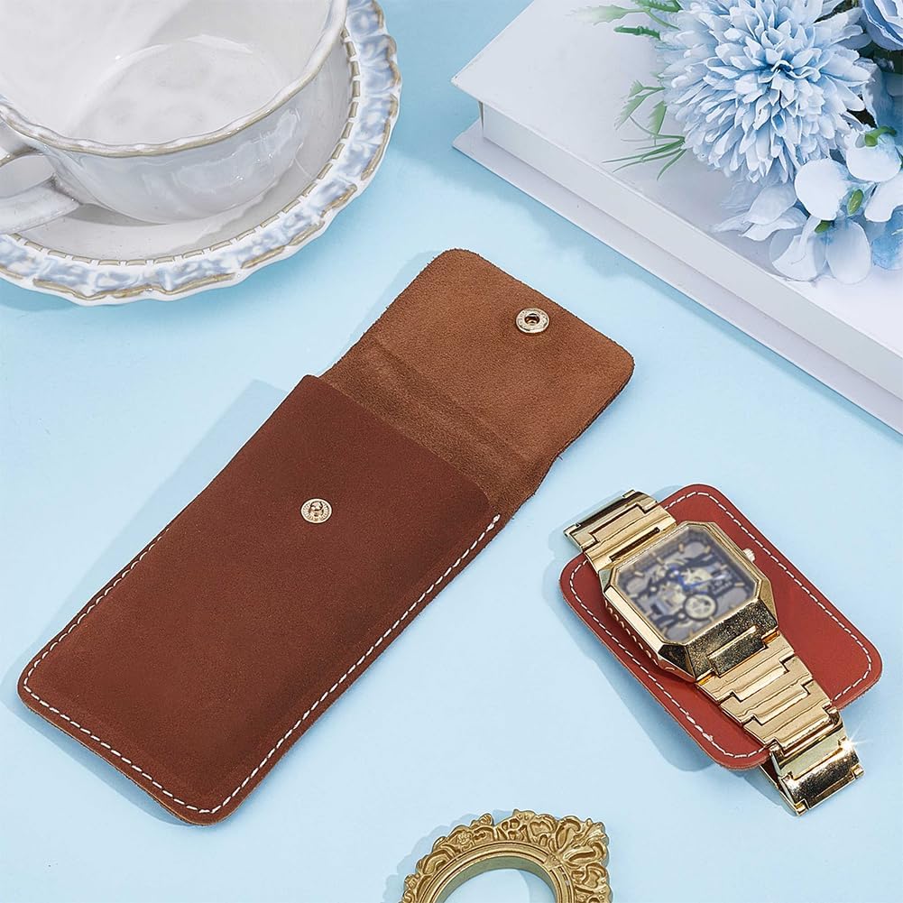 Cowhide Leather Watch Storage Bag Brown Suede Portable Single Watch Snap Button Organizer Holder Pouch Case Gift Bags with Card for Travel Jewelry Men Women Anniversary Birthday