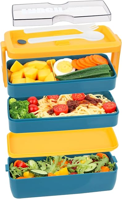 Bento Lunch Box for Adults and Students Upgrade 1000ml, Bento Box Food Containers 3-in-2 Compartment, Pewwt Lunch Containers with Cutlery (Lemon Blue)