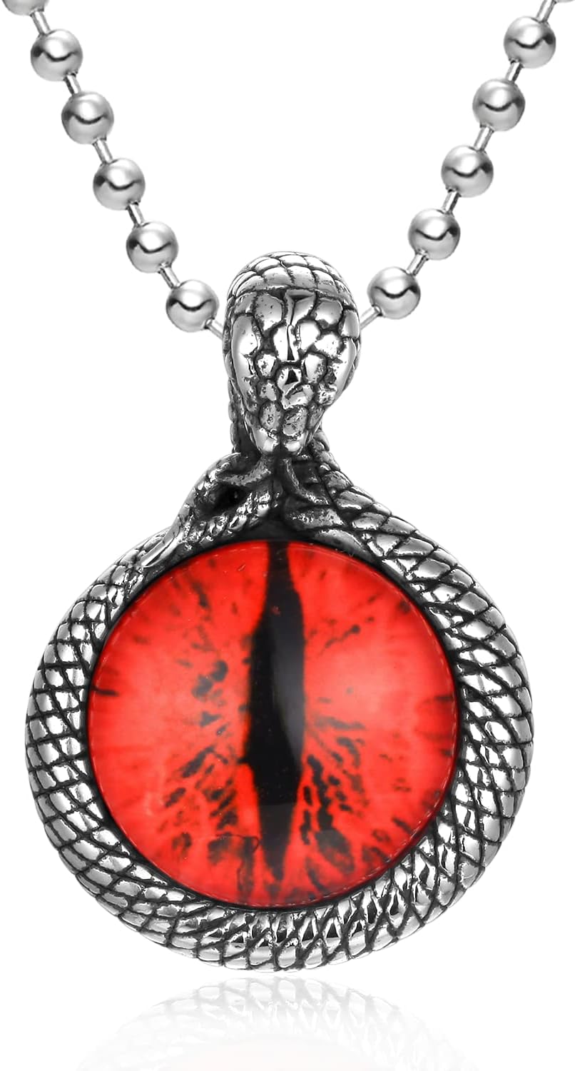 Stainless Steel Vintage Coiled Snake Red Evil Eye Protection Animal Love Pendant Necklace, 24 in Chain, Men Women
